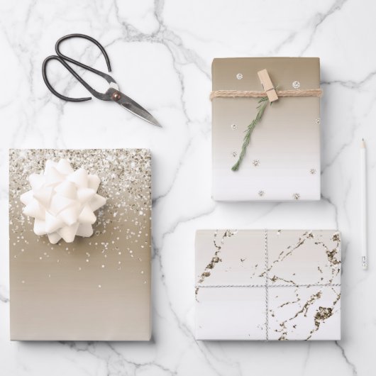 Crème Gouden Glitters Bruiloftsfeest Inpakpapier Vel (Voorkant)