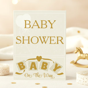Crème & Gouden Hart & Lint Baby Shower Uitnodiging
