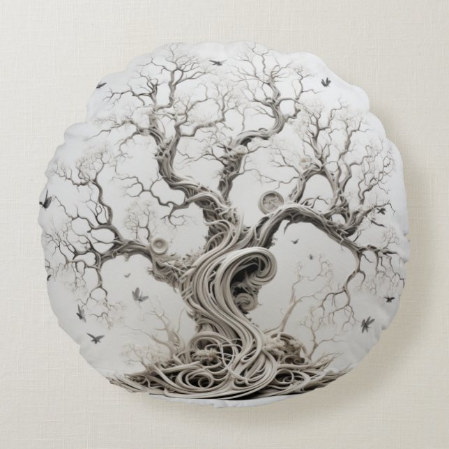 Crème, Grijs, en Bruine Boom van het Leven Rond Kussen (Voorkant)