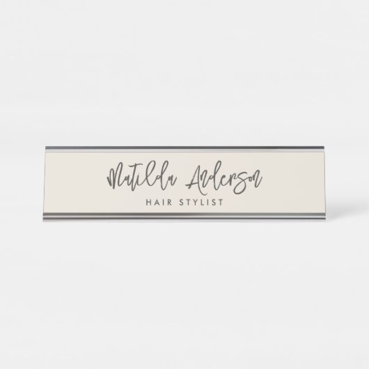 Crème grijs modern minimaal elegant script bureau naambordje (Voorkant)