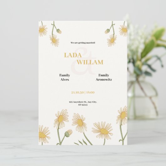 Crème Groene en Gele Bloemen Huwelijksuitnodiging Kaart (Staand voorkant)