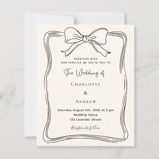 Crème handgetekende strik trouwkaart (Voorkant)