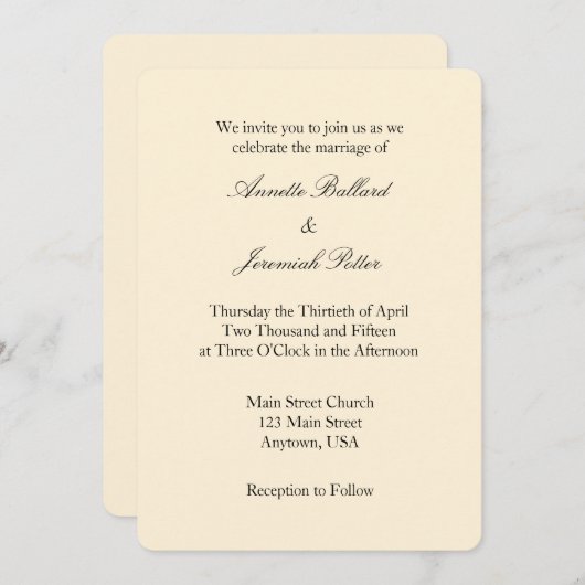 Crème Ivoire Noir Plaine Simple Faire-part de mari (Devant / Derrière)