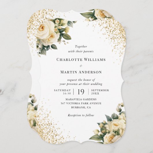 Crème Ivoor Goud Confetti Elegante Bloemen Huwelij Kaart (Voorkant / Achterkant)