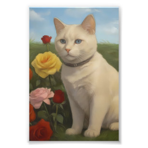 Crème Kat in een Rozen Tuin Foto Afdruk