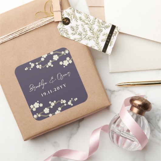 Crème Kersenbloesems Wit Sakura Paarse bruiloft Vierkante Sticker (Geschenken)