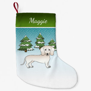 Crème Kleurige Gladharige Dachshund Hond In Winter Kleine Kerstsok
