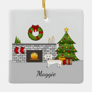 Crème Kortharige Dachshund Met Naam Kerstmis Keramisch Ornament