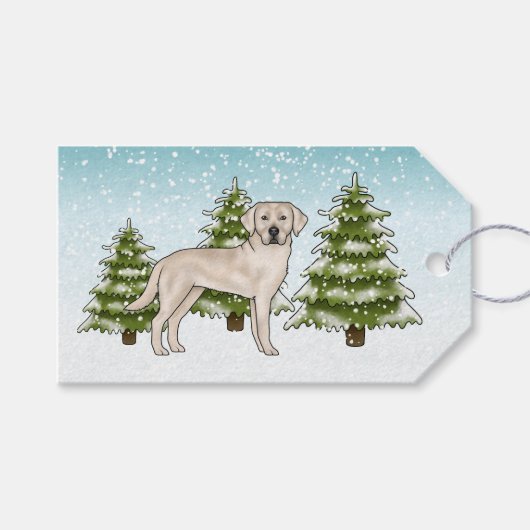 Crème Labrador Retriever Dog Blue Snowy Christmas Cadeaulabel (Voorkant (Horizontaal))