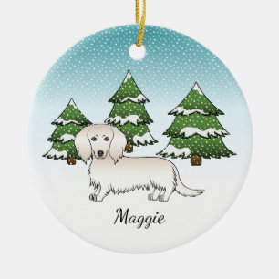 Crème Lange Haren Dachshund Cute Hond - Winterbos Keramisch Ornament