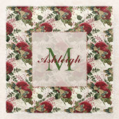 Crème Libellen en Rozen Monogram Glazen Onderzetter (Voorkant)