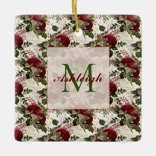 Crème Libellen en Rozen Monogram Keramisch Ornament (Voorkant)