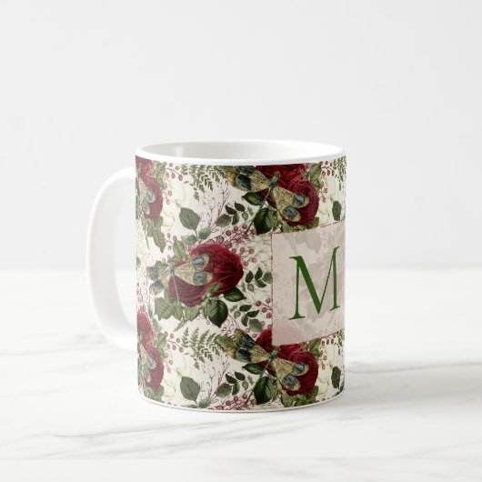 Crème Libellen en Rozen Monogram Koffiemok (Voorkant links)