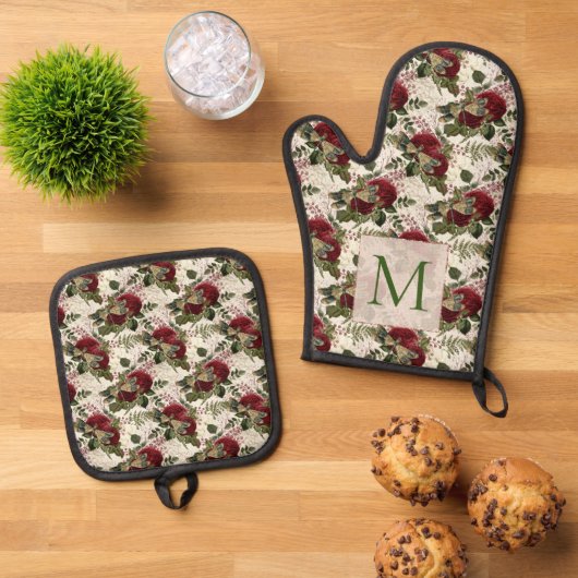 Crème Libellen en Rozen Monogram Ovenwant & Pannenlap Set (Top down)