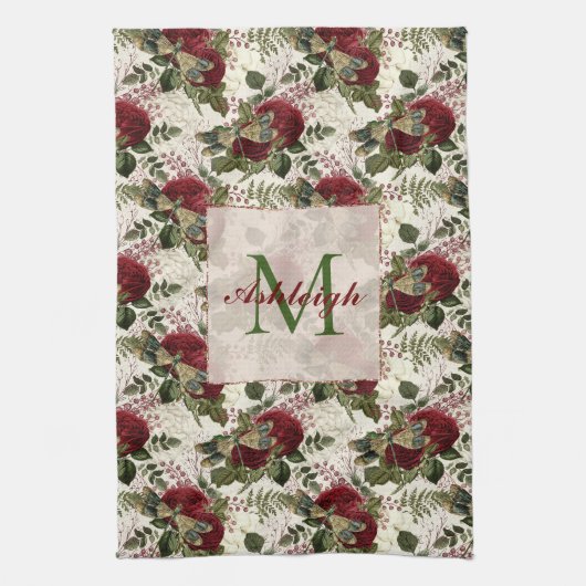 Crème Libellen en Rozen Monogram Theedoek (Verticaal)
