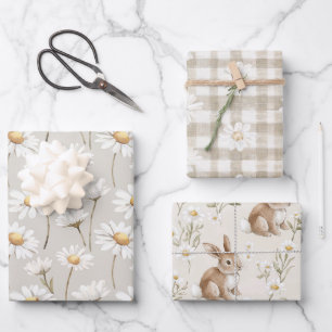 Crème Madeliefjes Bloemachtige Konijn Verjaardag Inpakpapier Vel