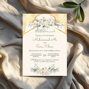 Crème Minimal Bloem Goud Arabische Moslim Bruiloft Kaart