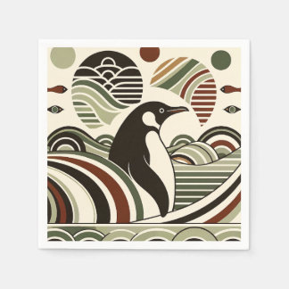 Crème Olijf Groene Maroon Pinguïn Golven in Art De Servet