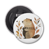 Crème Oranje Bruine Bever met Bladeren Button Flesopener (Voorkant)