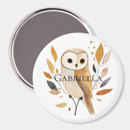Crème Oranje Uil met bladeren Magneet (Voorkant / Achterkant)
