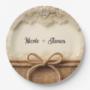 Crème Oude Bloem Kant Jute Bruiloft  Papieren Bordje