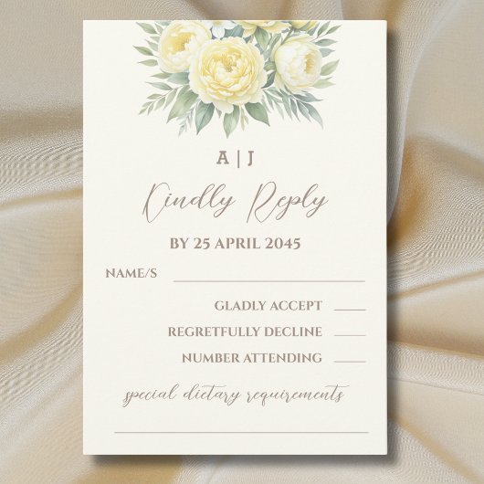 Crème Peony Jaune Roses Mariage Floral Carte RSVP
