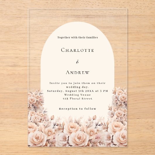 Crème perzik roos gouden bloemen boog bruiloft acryl uitnodigingen (Voorkant)