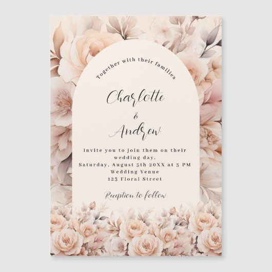 Crème perzik rozen bloemen boog luxe bruiloft magnetische uitnodiging (Voorkant)