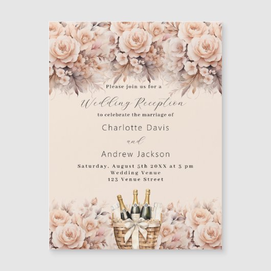 Crème perzik wijnmand luxe bruiloft receptie magnetische uitnodiging (Voorkant)