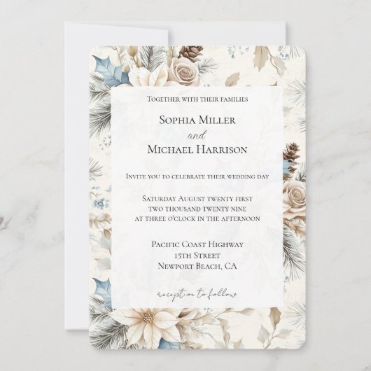 Crème Poinsettia Blauwe Bloemen Huwelijk Kaart (Voorkant)