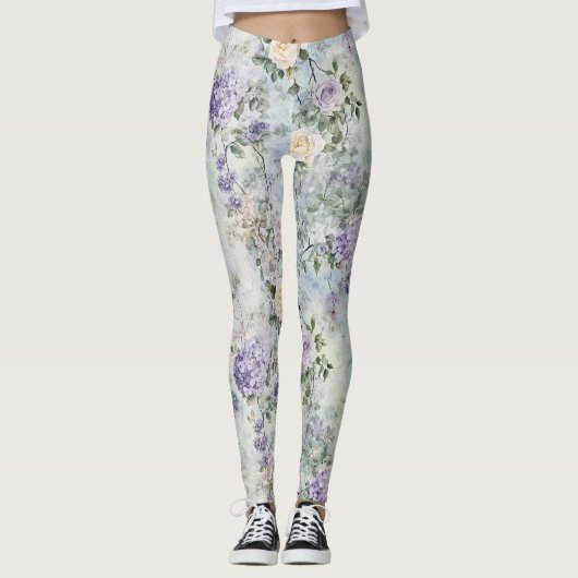 Crème Purple Flowers Leggings (Voorkant)