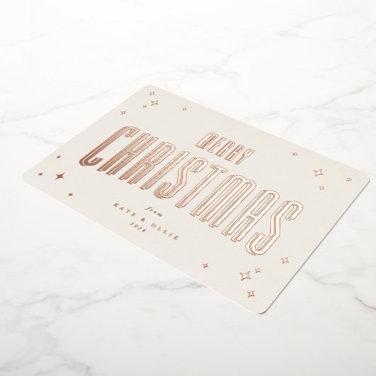 Crème+Roos Goud Vrolijk Kerstfeest Retro Sterren F Folie Feestdagenkaart (Gedraaid)