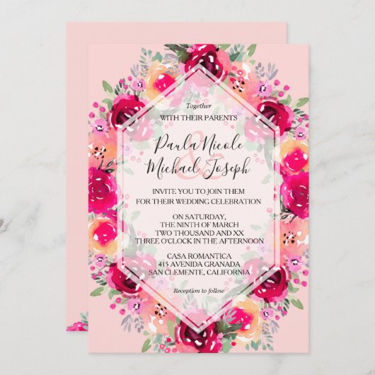 Crème rose Aquarelle Floral Mariages Invitations (Devant / Derrière)