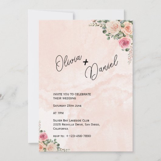 Crème rose Floral Rustique Faire-part de mariage (Devant)
