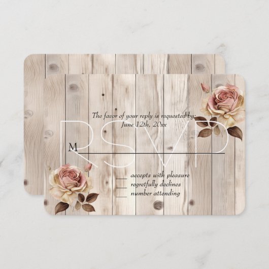 Crème rose Roses Crème Blanc Bois Mariage RSVP (Devant / Derrière)