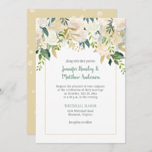 Crème Roses Blanches Faire-part de mariage Cascade (Devant / Derrière)