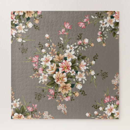 Crème, roze bloemen op grijs. legpuzzel (Verticaal)