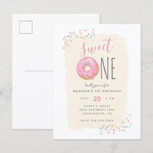 Crème   Roze Doughnut Sprinkle Sweet 1ste verjaard Uitnodiging Briefkaart