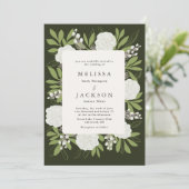 Crème Rozen op Groene Trouw Uitnodiging (Staand voorkant)