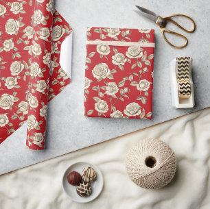 Crème Rozen op Rode Toile De Jouy Cadeaupapier