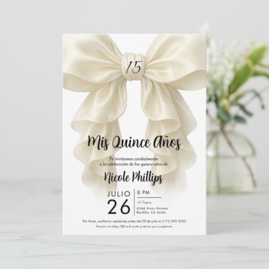 Crème Ruffle Cascade Bow Elegant Quinceañera Party Kaart (Staand voorkant)