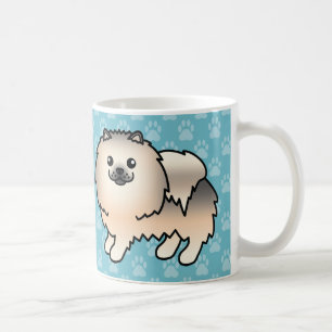 Crème Sable Fluffy Pomeranian Honden Op Blauwe Koffiemok