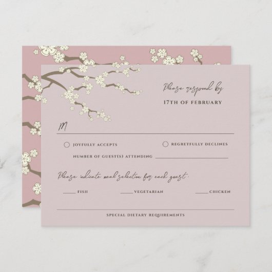 Crème Sakura Bloemen Kersenbloesem Roze Bruiloft RSVP Kaartje (Voorkant / Achterkant)