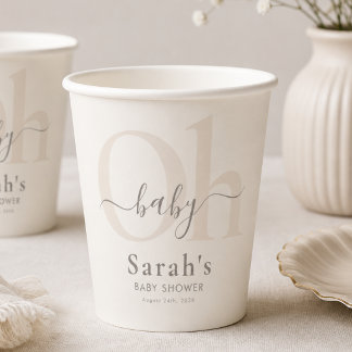 Crème Simple Modern Oh Baby Shower Feestje Papieren Bekers