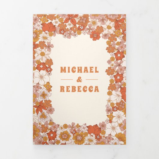 Crème Sinaasappel Groovy Retro Wildflower Wedding Drieluik Uitnodiging (Cover)