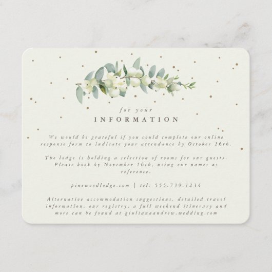 Crème Snowberry + Eucalyptus Stem Bruiloft Info Informatiekaartje (Voorkant)