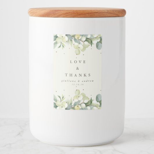 Crème Snowberry + Eucalyptus Winter bruiloft Voedselcontainer Etiket (Voorkant)