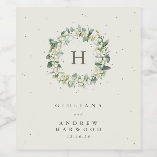 Crème Snowberry + Eucalyptus Winter bruiloft Wijn Etiket (Enkel label)