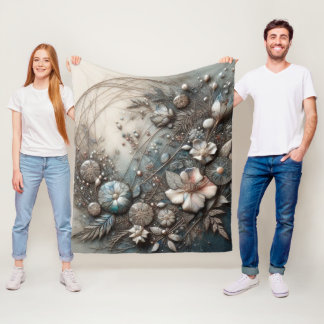 Crème Teal 3D Sculpturale Botanische Bloem Fleece Deken