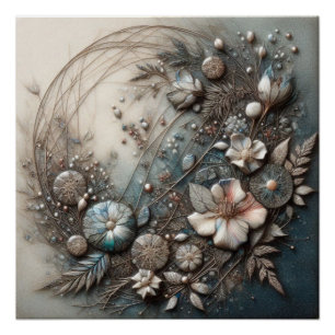 Crème Teal 3D sculpturale botanische bloemige wand Perfect Poster